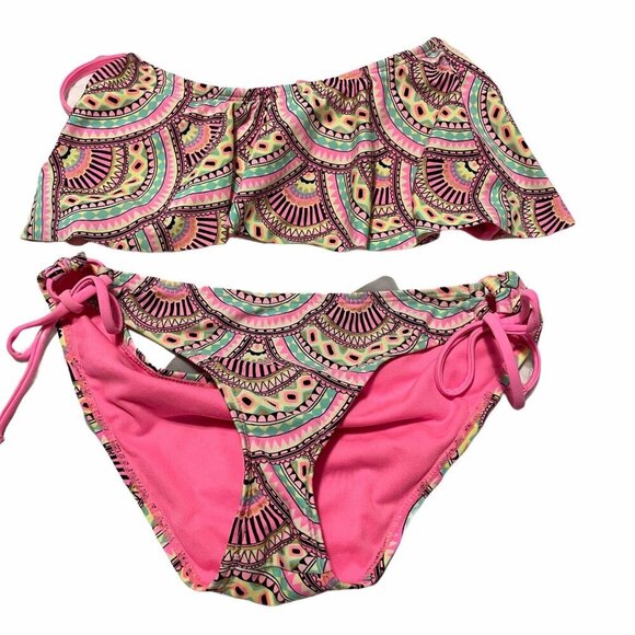 Rue Bleu Swimsuit Bikini Hot Pink Aztec Small Bottom Medium Top - Picture 1 of 7